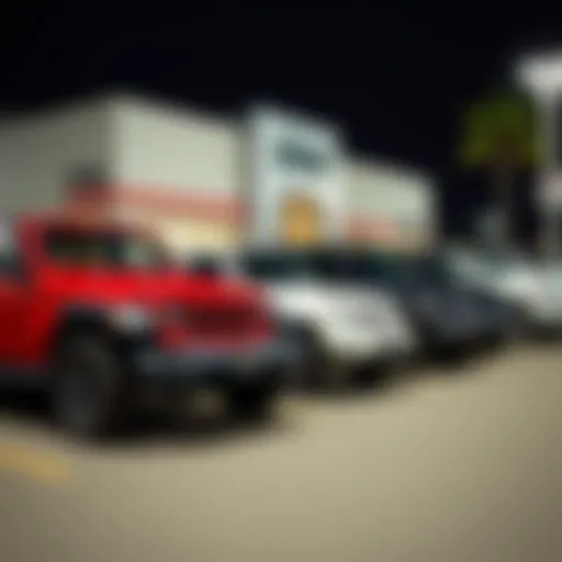 Exterior view of a Canoga Park Jeep dealership showcasing a variety of Jeep models