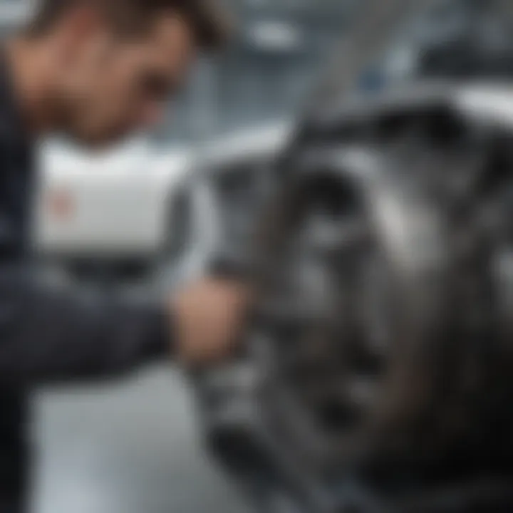 A mechanic inspecting a white Mustang's engine