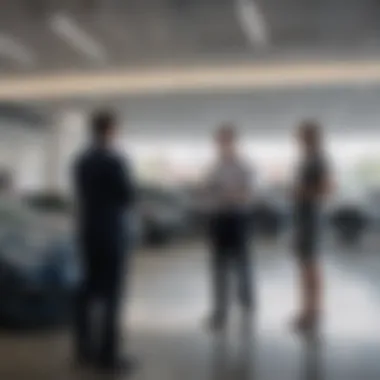 A customer interacting with a car sales representative in a dealership