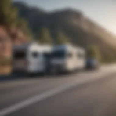 An RV being towed by a tow dolly on a scenic route, illustrating practical application.