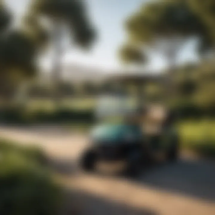 A well-maintained used electric golf cart parked on a golf course, surrounded by greenery.