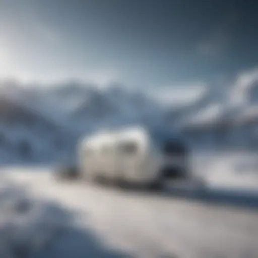 Sleek lightweight travel trailer parked in a scenic winter landscape