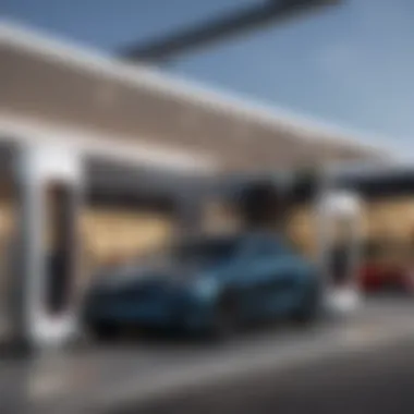 Tesla charging station visible at the dealership with vehicles charging