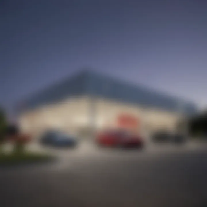 Exterior view of Tesla dealership in Charlotte showcasing modern architecture