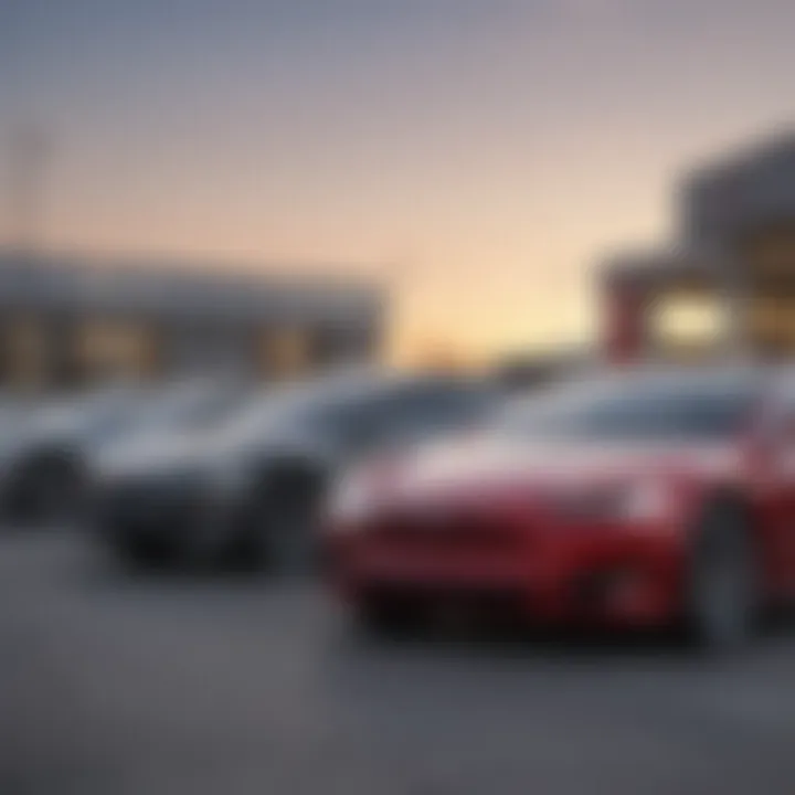 A display of Tesla electric vehicles lined up at the dealership