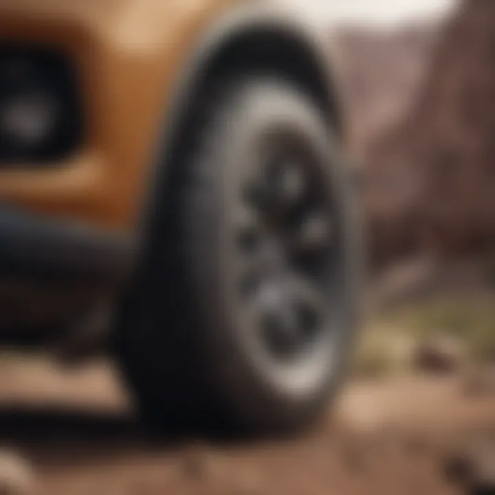 Close-up of RWD SUV wheel on a rugged terrain