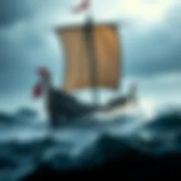 A detailed illustration of a Viking ship sailing through turbulent seas.