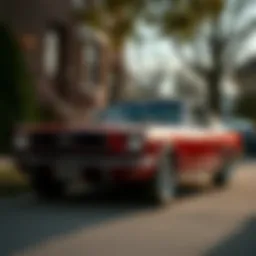 Classic Ford Mustang parked in a Cleveland neighborhood showcasing urban scenery