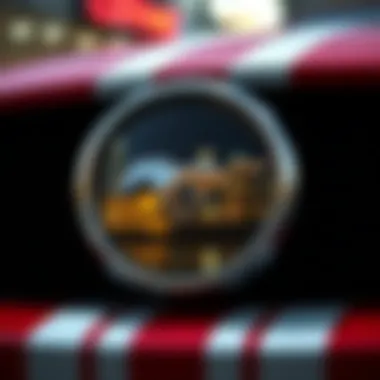Close-up of Mustang emblem reflecting Cleveland skyline