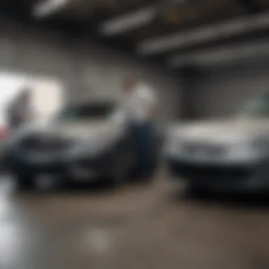 A car buyer inspecting the condition of a used car before purchase