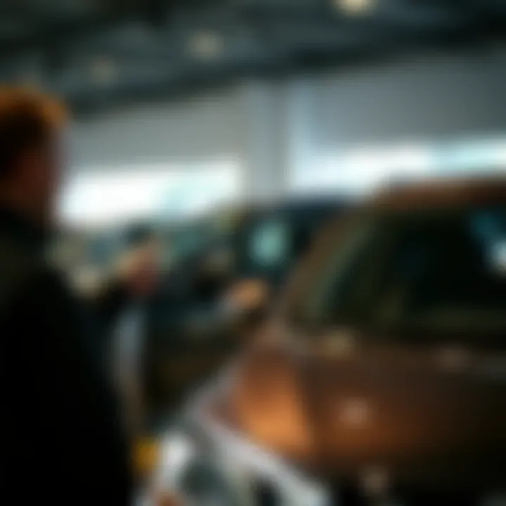 A satisfied customer examining a used Nissan car for purchase