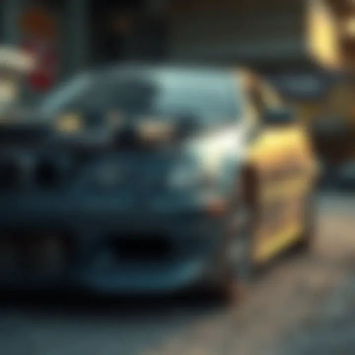 A detailed view of a scrap car showcasing valuable parts