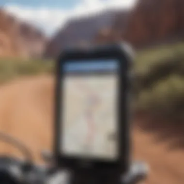 Close-up of a GPS device displaying an off-road trail map, highlighting various routes.