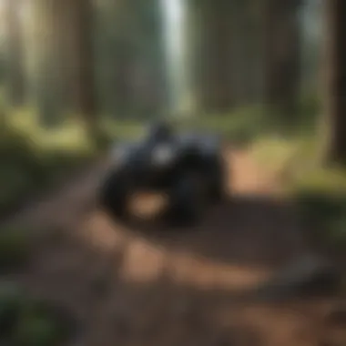 ATV Trail Navigation in Forests A detailed view of an ATV navigating through a dense forest trail using GPS technology.
