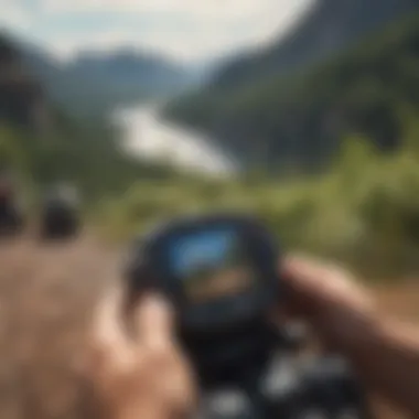 Using GPS at a Scenic Viewpoint An ATV rider utilizing a handheld GPS device while observing a scenic viewpoint.