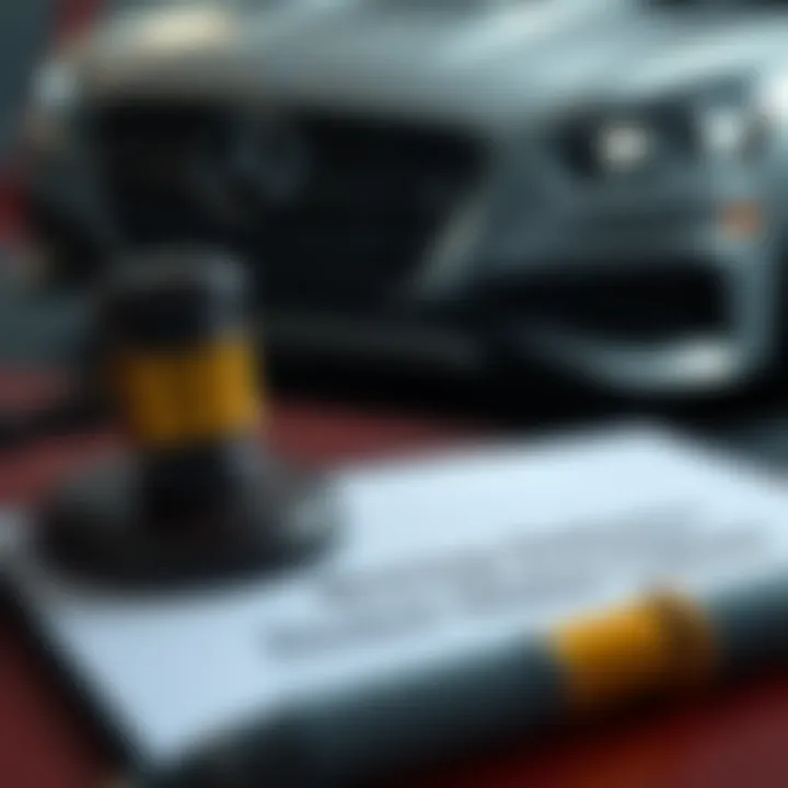 A legal document with a gavel beside it, representing the legal implications of buying a stolen vehicle.