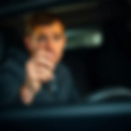 A worried individual holding car keys while looking at a vehicle with a shadowy background, symbolizing uncertainty.