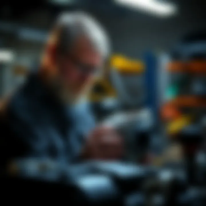 Mechanic analyzing an alternator in a workshop environment