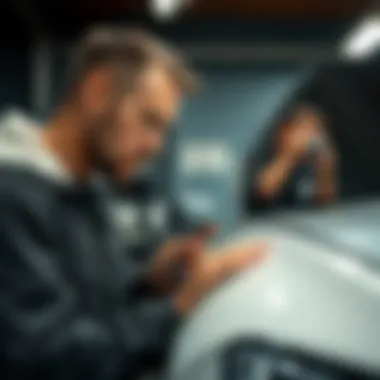 Expert Evaluation of Vehicle Damage A professional assessing a dent on a vehicle