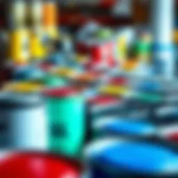 A vibrant array of automotive paint cans showcasing various colors and finishes.