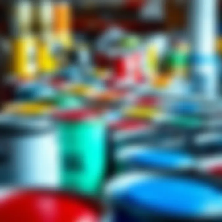 A vibrant array of automotive paint cans showcasing various colors and finishes.