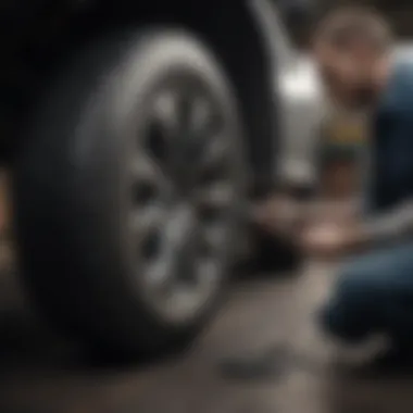 A mechanic inspecting tire tread depth